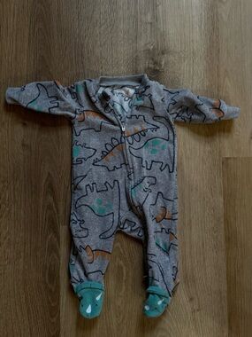 Carter's Gray Dinosaur Zip Front Footed One-Piece with Teal and Orange Accents